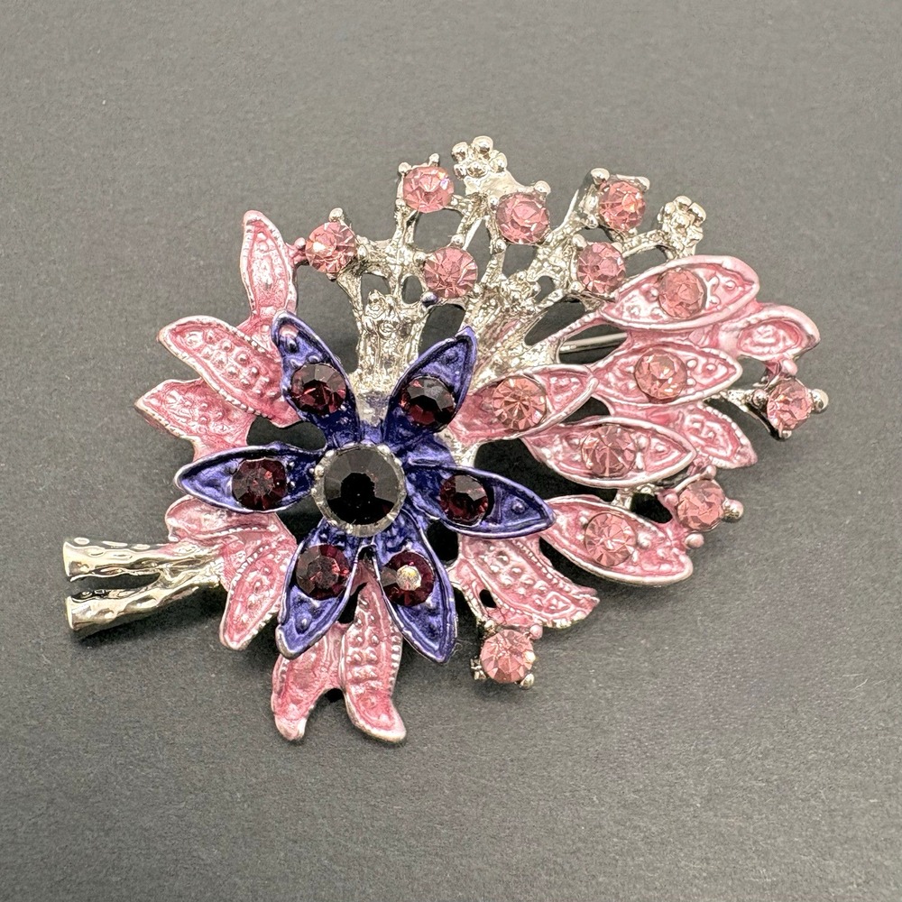 Vintage Floral Flower Rhinestone Pink Purple Enamel Brooch Silver Tone